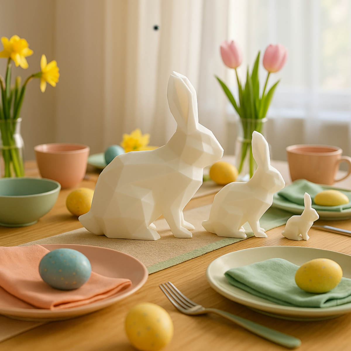 Low-Poly Bunny Family – Geometric Style 3D Figurine