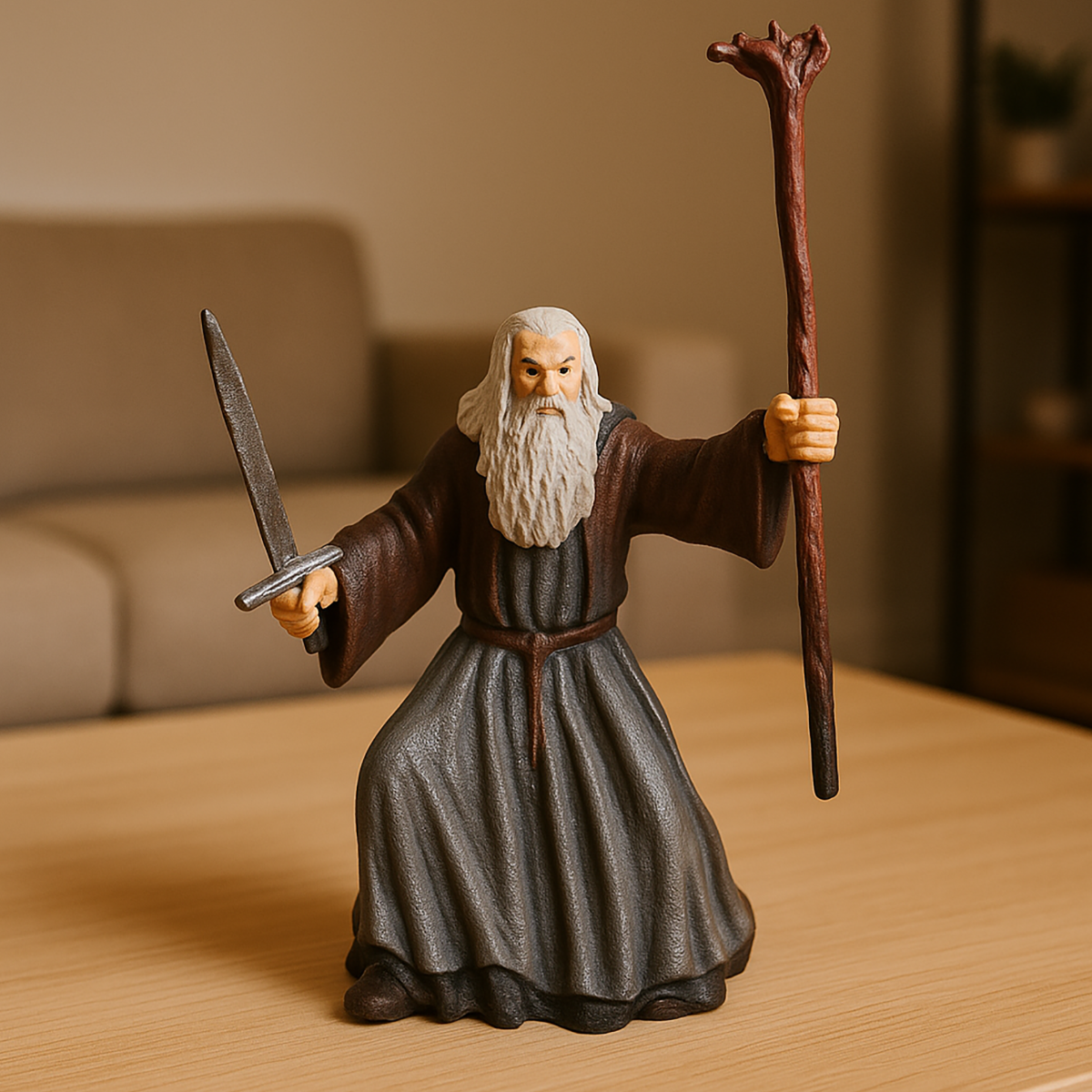 Hand-Painted Gandalf Figurine with Sword and Staff - 3D Print